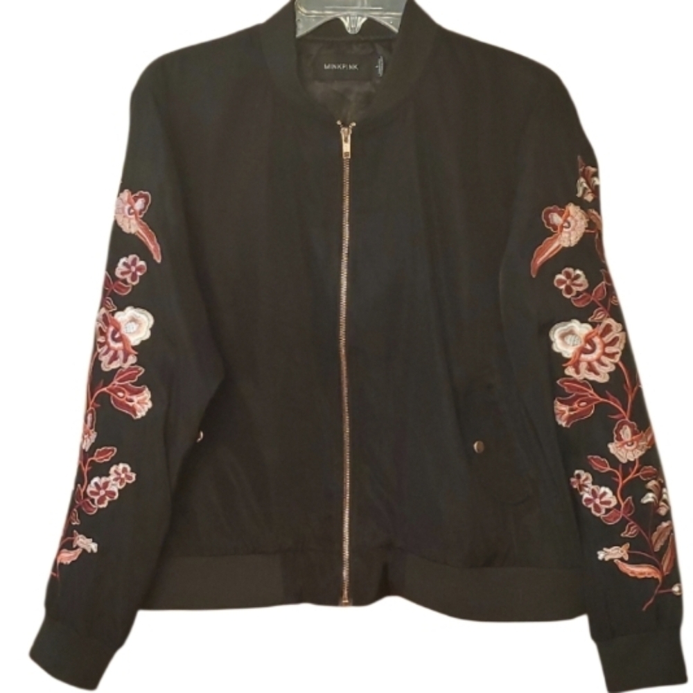 MINKPINK Black Silky Bomber Jacket with Red Burgundy Floral Embroidery Size L